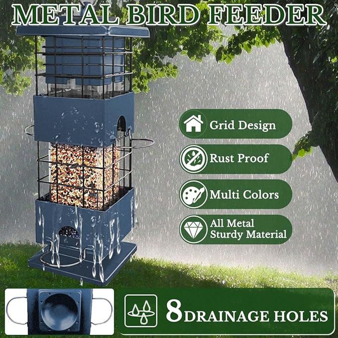 Squirrel Proof Bird Feeder, Metal Bird Feeders for Outdoors, 3 Lbs Birdfeeder Outside Hanging, Weight Activated Spring, 4 Feeding Ports, Cardinals, Finches & Sparrows, Wild Birds, Blue