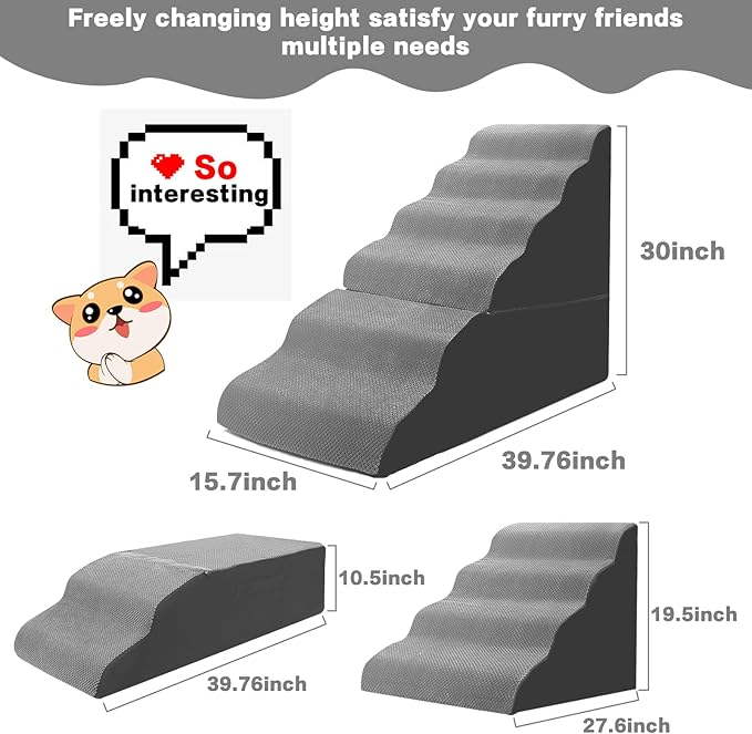Dog Stairs for High Beds 30-36 inches Tall, 6-Step Dog Steps for Bed 32-36 inches for Small Large Dogs, Dog Ramp for Bed, 30D Foam Pet Stairs/Steps for High Beds for Old Dogs/Cats, Grey