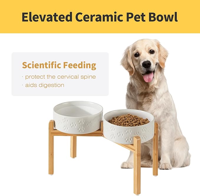 Elevated Ceramic Dog Bowls, 8.3" Dog Dishes with Stand, Elevated Food & Water Bowls for Large Breed Dogs, 2 Non-Slip Feeding Bowls, Microwave Safe (Double Bowls + Stand - White, 8 inch)