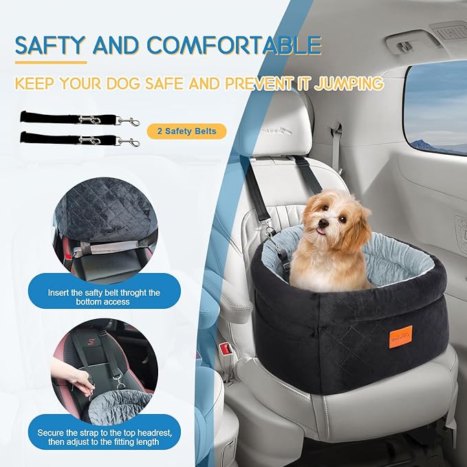 Cozy Dog Car Seat for Small Dogs Up to 30lbs, Elevated Memory Foam Booster Seat, Pet Travel Bed with Washable Removable Cover & Storage Pockets (Gray)