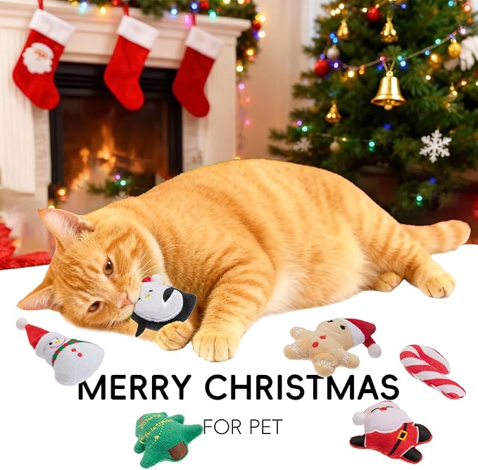 6pcs Christmas Catnip Toy，Indoor Santa Claus Snowman Tree Shaped Cat Toy Plush Interactive Chew Bite Toys for Cat Kitten Indoor Festive Holiday Cat Lover Gift