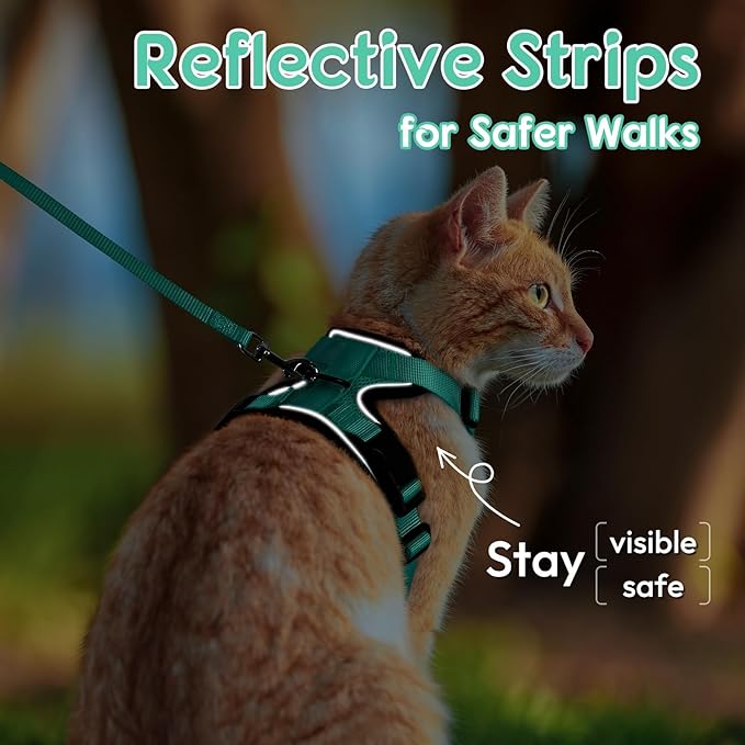 Dooradar Cat Harness and Leash Set, Escape Proof Safe Adjustable Kitten Vest Harnesses for Walking, Easy Control Soft Breathable Mesh Jacket with Reflective Strips for Cats, Green, S
