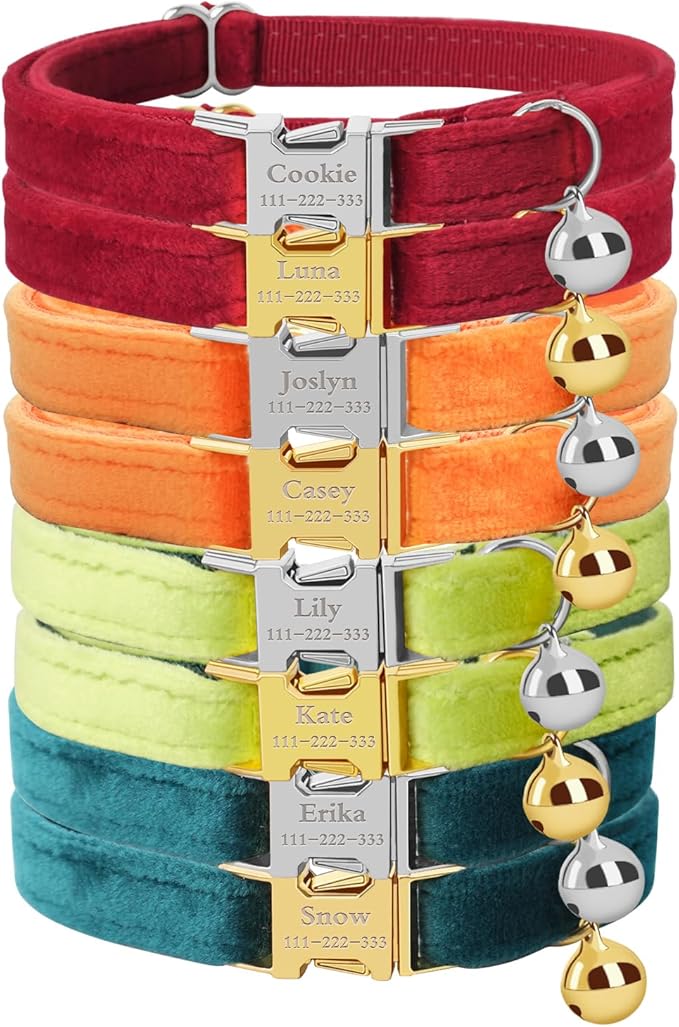 Personalized Cat Collar with Name Plate,Adjustable Tough Nylon Cat ID Collars with Bell,Customize Engraved Pet Name and Phone Number (Velvet Style D)