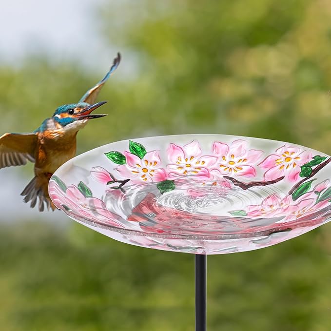 MUMTOP Glass Bird Baths for Outdoors-Outdoor Bird Bath Bowl- Cardinal and Flower Birdbaths Yard Stake, Bird Feeders for Outside, Garden, Patio, Lawn Decor