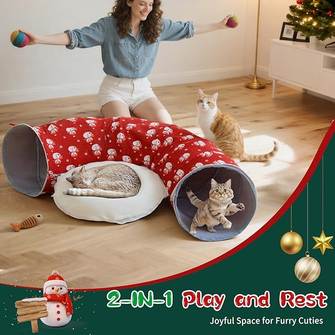 Pawaboo 2-in-1 Cat Tunnel Bed for Indoor Cats, 8-Shaped Large Cat Tunnels with Plush Cushions, Foldable Cats Cave Hideout Kitty Toys with Fluffy Balls, Donut Tunnel for Kitten Rabbit Ferret, Red