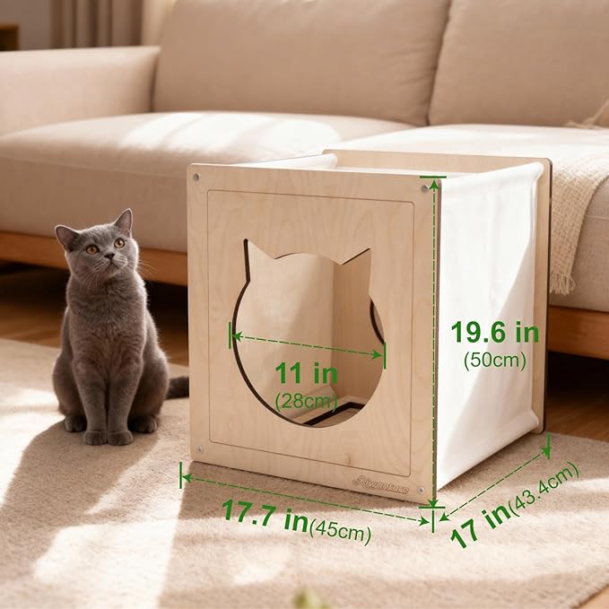 Cat House for Indoor Cats,Wooden Large Cat Bed Cave with 2 Soft Cushion,Warm Cozy Pet Hideaway for Kittens & Big Cats,17.7"x16.9"x19.68" Natural