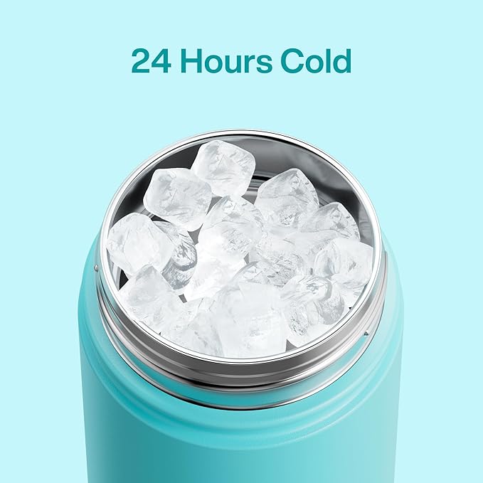 Kids Insualated Water Bottle with Straw - 12oz Stainless Steel Water Bottle with Dual Spouts, Leak-Proof, BPA-Free, Double Wall Vacuum Keeps Cold for 24 Hours for Sports, Travel (Aquamarine Blue)