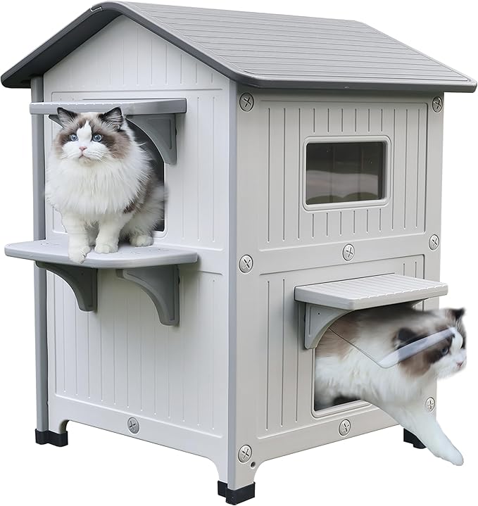 Rockever Plastic Insulated Outdoor Cat House with Escape Door, 2 Story Waterproof Cat House for Outdoor Cats for Feral Cats, Elevated Outside Cat Shelter, Clean and Assemble Easily