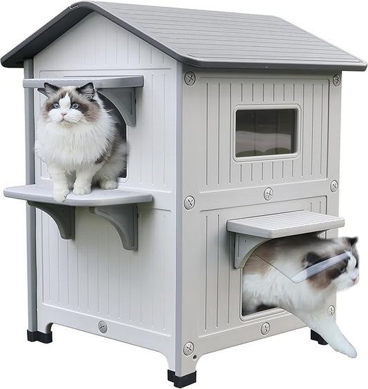 Rockever Plastic Insulated Outdoor Cat House with Escape Door, 2 Story Waterproof Cat House for Outdoor Cats for Feral Cats, Elevated Outside Cat Shelter, Clean and Assemble Easily