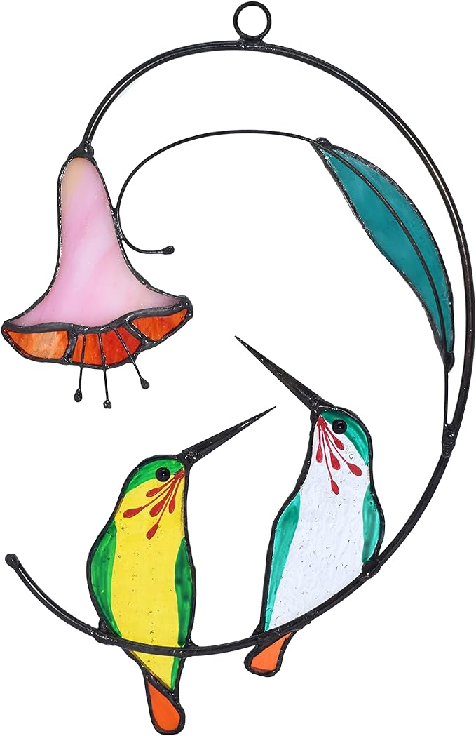 Lolitarcrafts Hummingbird with Flower Stained Glass Suncatcher Bird Stained Glass Window Hangings Hummingbird Gift for Home Decor (Green 1 Pair)