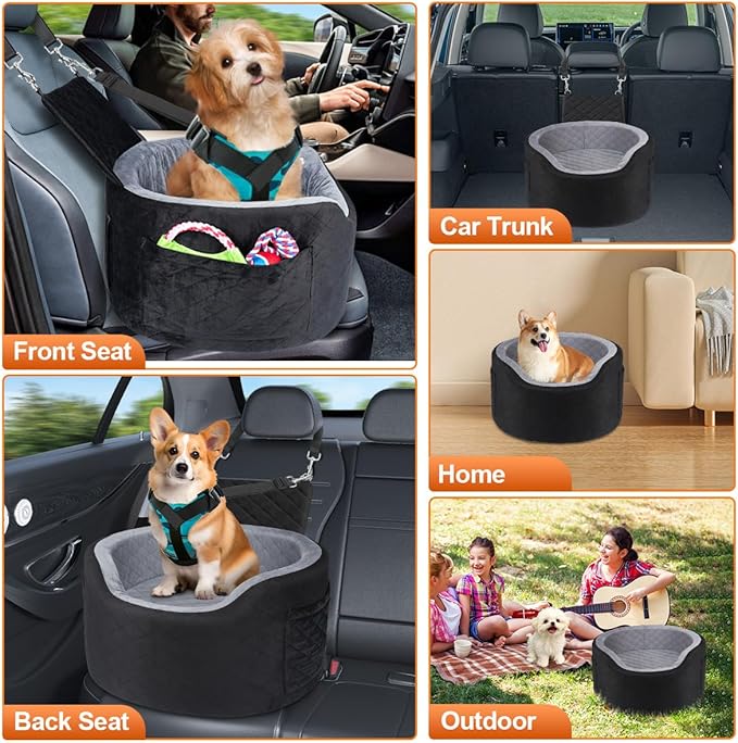 Dog Booster Car Seats for Small Medium Dogs, Fits Dogs Under 19", 28D High-Density Memory Foam with Waterproof Cover, Pet Travel Bed with Storage Pockets, Blanket, Dog Safety Belt, Black