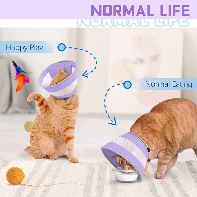 Breathable Air Mesh Cat Cone Collar Soft to Stop Licking, Adjustable, Foldable Lightweight Kitten Cones After Surgery Recovery for Cats & Kittens (Purple, S)