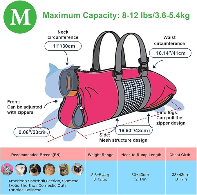 Cinf Cat Nail Clipping Cleaning Grooming Restraint Bag No Scratching Biting for Bathing Nail Trimming Injecting Examining(Rose Red,M)