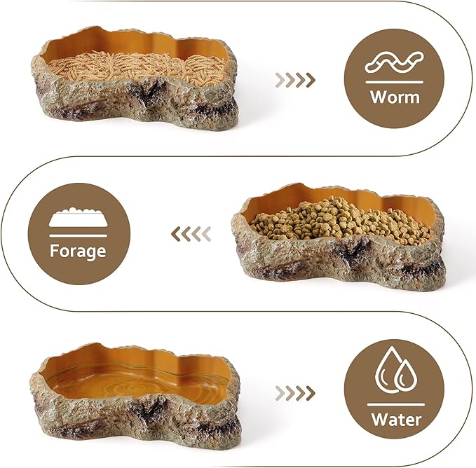 Reptile Food Water Rock Bowls - Resin Rock Worm Feeder Dish, Amphibian Feeding Bowl Terrarium Decor for Lizards, Chameleon, Leopard Gecko, Frog, Bearded Dragons, Snake, Hermit Crabs, Turtle Spider Pet