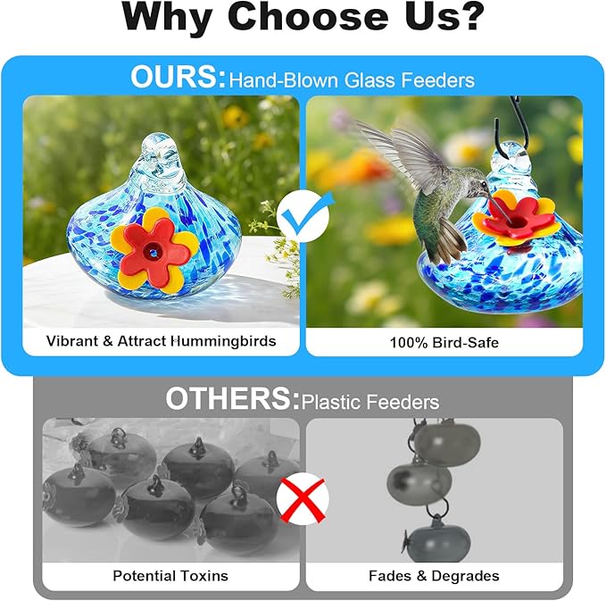 Wind Chime Glass Hummingbird Feeder - 20 Oz Outdoor Hanging Feeder with 6 Ports, Attract More Hummingbirds, Leak-Proof Design, Unique Garden Backyard Decor & Ideal Gift (Blue)