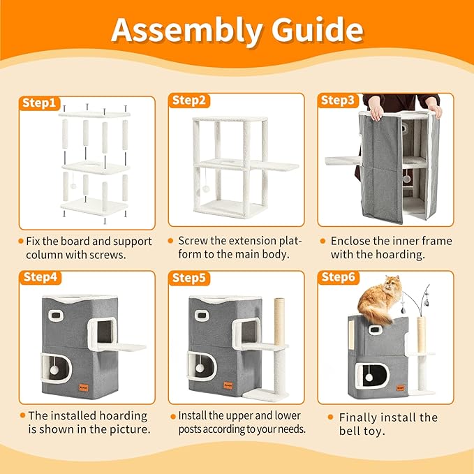 Cat Bed Cave for Indoor Cats with Scratch Pad Cat House Condo Adults with Fluffy Ball Cats Hideaway Large 2-Storey Cube Beds for Pets Grey