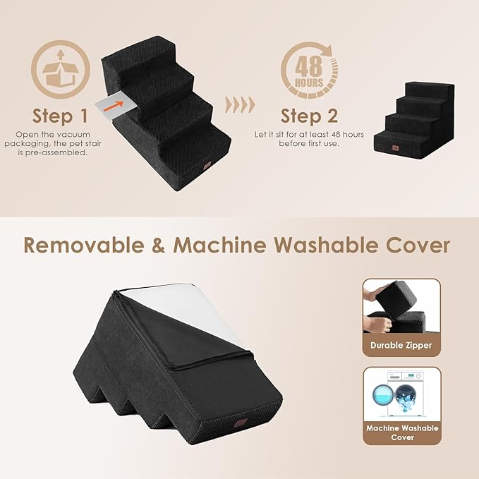 EHEYCIGA Dog Stairs for Bed 18" H, 4-Step Dog Steps for High Bed, Pet Steps for Small Dogs and Cats, Non-Slip Balanced Pet Ramp Indoor, Black