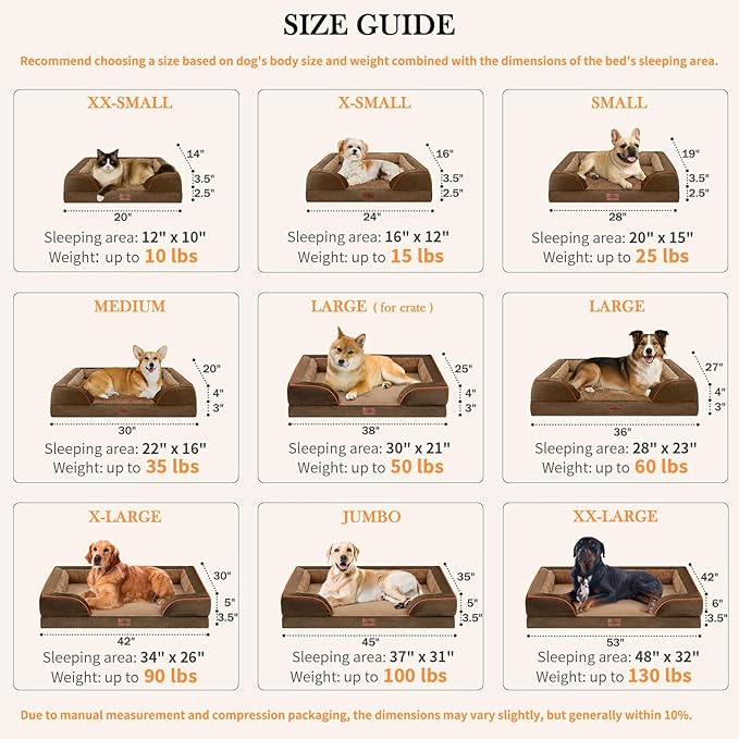 Comfort Expression Large Dog Beds Waterproof Orthopedic Foam Dog Sofa Beds Comfy Pet Bed with Washable Removable Cover & Non-Slip Bottom(Large,Brown)