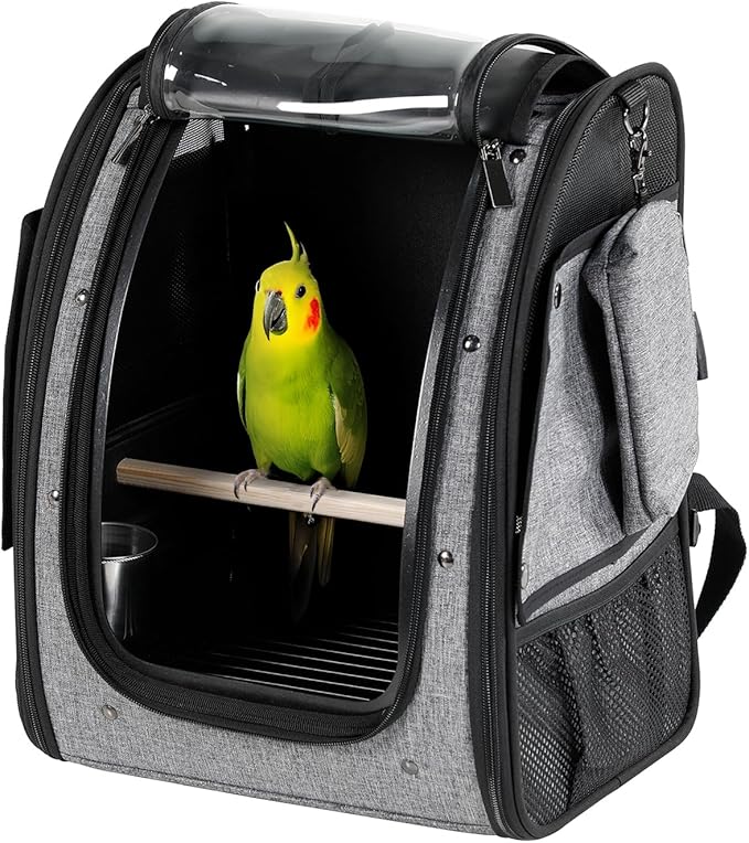 Petsfit Bird Carrier Medium Size with Stainless Steel Bowl, Parrot Backpack Includes Slide Tray for Easy Cleaning, 13" x 10" x 16"