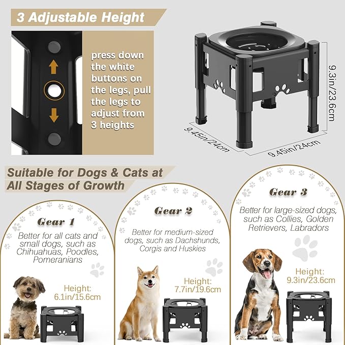 Lewondr Elevated Slow Feeder Dog Bowls, Raised Dog Food Bowls with 3 Heights (6.1", 7.7", 9.3") Adjustable Slow Feeder Bowl Non-Slip Bowl Stand for Medium Large Breed, Dishwasher Safe