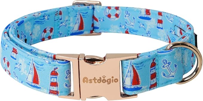 Nautical Themed Dog Collar，Handmade Cotton Puppy Collar with Sailboats，Seagulls Parttern, Adjustable Colllar for Small Medium Large Dogs, Perfect for Daily Walks, Photos，Beach & Vacation- L