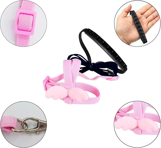 Dnoifne Parrot Harness and Leash, Adjustable Training Design Anti-Bite, Nylon Rope with Cute Wing for Parrots, Suitable for Alexandrine, Scarlet, Keck, Mini Macaw & Same Size Bird (pink)