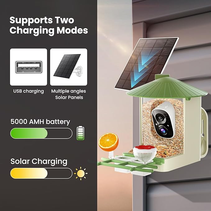 SOLIOM Smart Bird Feeder with Camera with Solar Panel - 2K HD Live View, AI Bird Identifier, Birds Arrival Alerts, DIY Birdseed Add-on, 2.4G WiFi- Wireless Outdoor Gift for Birdlovers