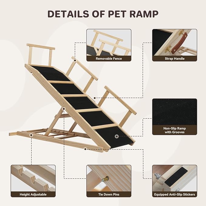 Dog Ramp for Bed PANTAZO Adjustable Ramps for Small Dogs to Get on Bed, Up to 28.5 Inches, 48'' Long,120lbs with Anti-Slip Grip & Safety Rail