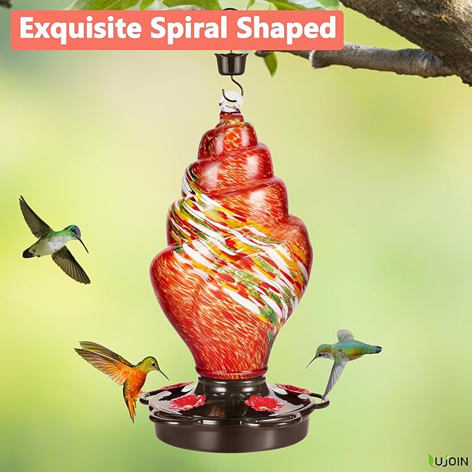Spiral Shaped Hummingbird Feeder for Outdoors Hanging, Hand Blown Glass, 25 fl.oz, Leak Proof & Rustproof, Includes an Ant Moat, Metal Cover with 5 Feeding Ports, Red