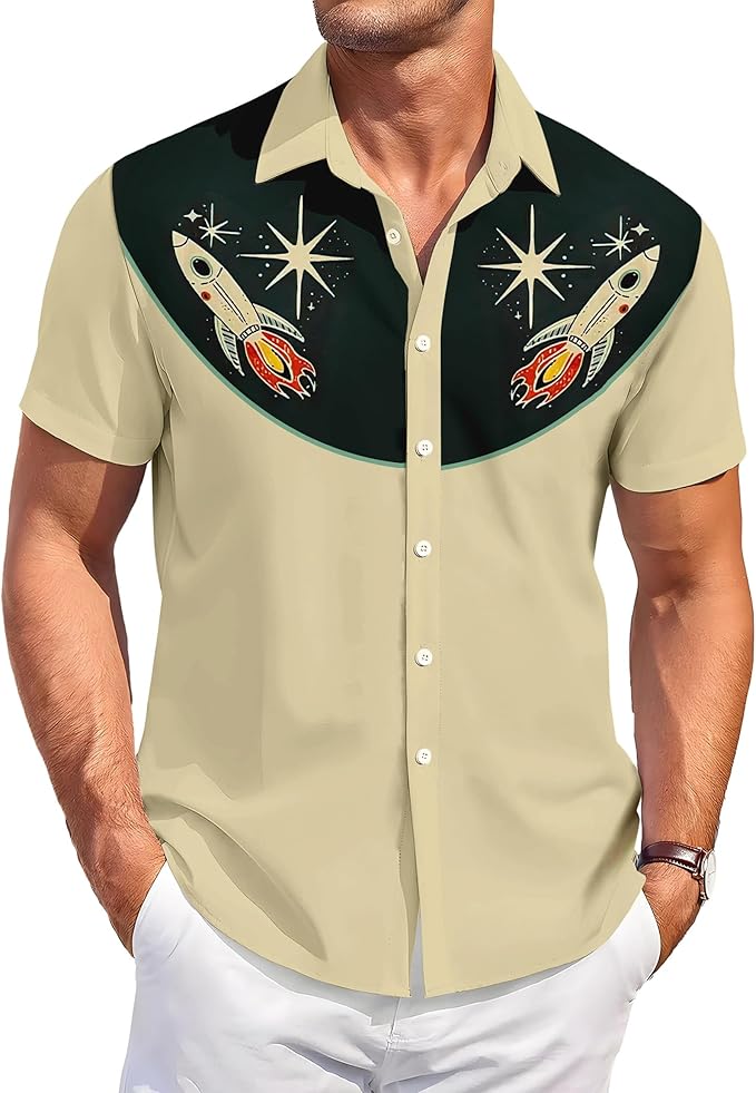 Men’s Hawaiian Shirt Western Cowboy Symmetrical Print Short Sleeve Button Down Casual Beach Holiday Summer Shirt