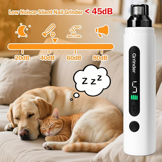 BABORUI Dog Nail Grinder Quiet, 5-Speed Pet Nail Grinder with Cooling Sponge & 3 Grinding Heads for Large Medium Small Dogs/Cats, Rechargeable Nail Trimmer with LED Light, Paws Grooming Smoothing Tool