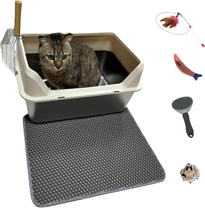 Stainless Steel Cat Litter Box with Lid,Large Litter Box with Side Entrance,Kitty Litter Pan High Sided,Anti-Urine Leakage,Easy to Clean,Included Scoop,Litter Mat&Fish Toys,Brush
