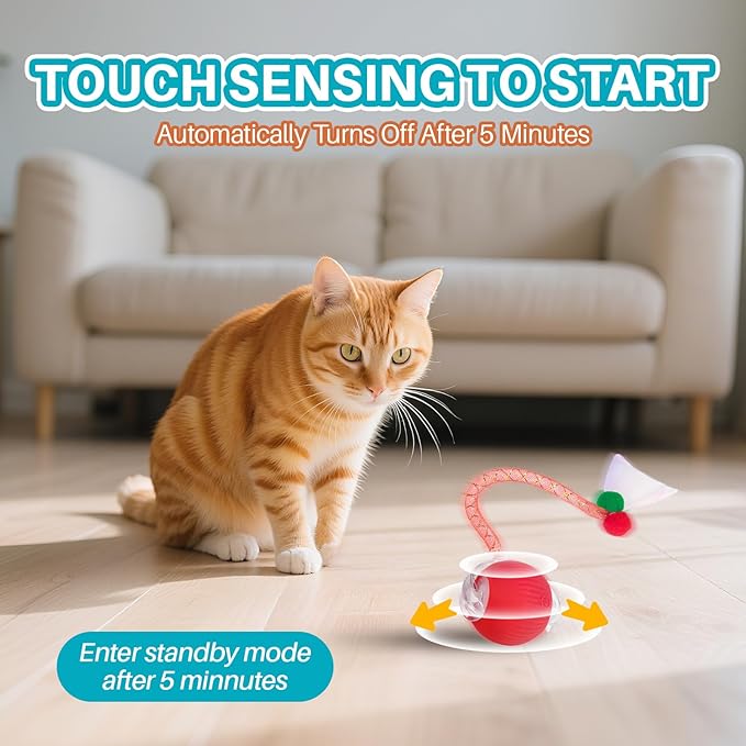 Interactive cat Toy cat Toys for Indoor Cats Agile Moving Cat Ball with Elastic Mesh Tail Automatic Kitten Toys Motion Activated Ball (Red)