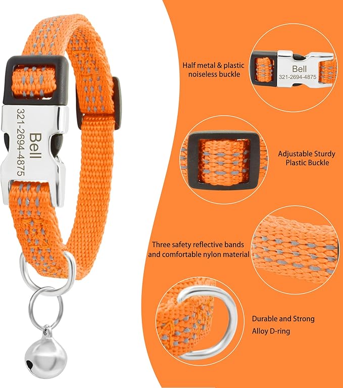 Personalized Reflective Nylon Cat Collar with Name Phone,Custom Engraved Buckle Cat Collar with Bell,Adjustable for Small Dogs Puppy Kitten (Orange,fit 7.5''-12.0'')
