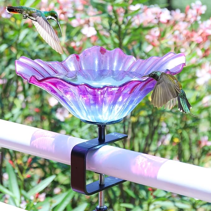 MUMTOP Deck Mounted Bird Baths for Outdoors, Glass Bird Baths Bowl with Adjustable Sturdy Steel Fence Clamp for Garden Patio Lawn Yard Deck Balcony Railing, Purple