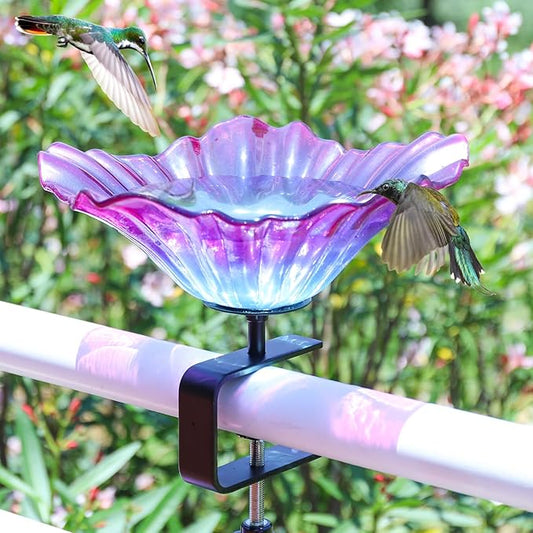 MUMTOP Deck Mounted Bird Baths for Outdoors, Glass Bird Baths Bowl with Adjustable Sturdy Steel Fence Clamp for Garden Patio Lawn Yard Deck Balcony Railing, Purple