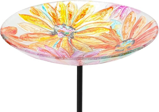 MUMTOP Glass Bird Baths for Outdoors-Outdoor Bird Bath Bowl- Watercolour Daisy Birdbaths Yard Stake, Bird Feeders for Outside, Garden, Patio, Lawn Decor