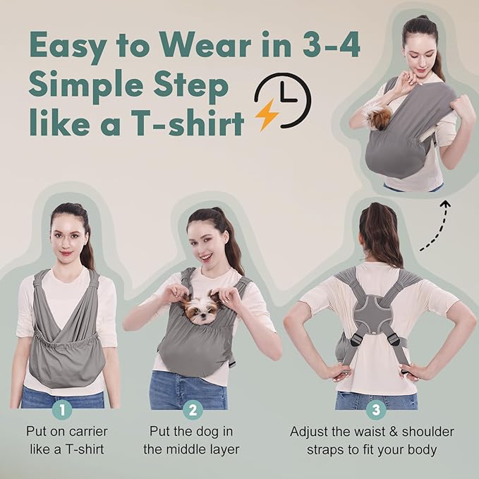 Supet Dog Sling Carrier for Small Pets, Hands Free Front Cat Sling, Reducing Back Neck Pain Anti-Anxiety, Adjustable Soft Carrying (Grey, Plus)