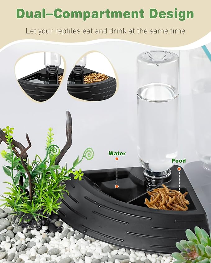 Pawfly Reptile Water Bowl, Tortoise Water Dish, Bearded Dragon Water Bowl, Reptile Food Feeder, Automatic Water Dispenser, Feeding Accessories for Turtle, Gecko, Lizard & Chameleon, Black