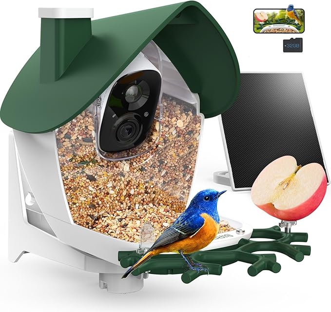 birdsnap® P33 - Bird Feeder with Camera Solar Powered, 2K Video Bird Camera Feeder Live with 32GB Card, AI Identify Feather Species, Auto Record in Backyard, for Birds Lover