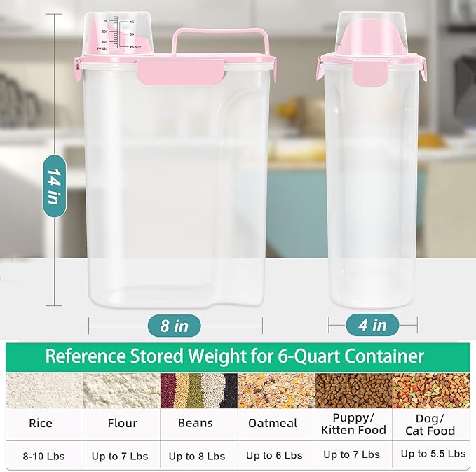 TBMax Airtight Rice Container 10 Lbs, Cereal Dispenser, Pet Cat Dog Food Storage Container, Plastic Kitchen Pantry Food Storage Holder with Cup -Pink