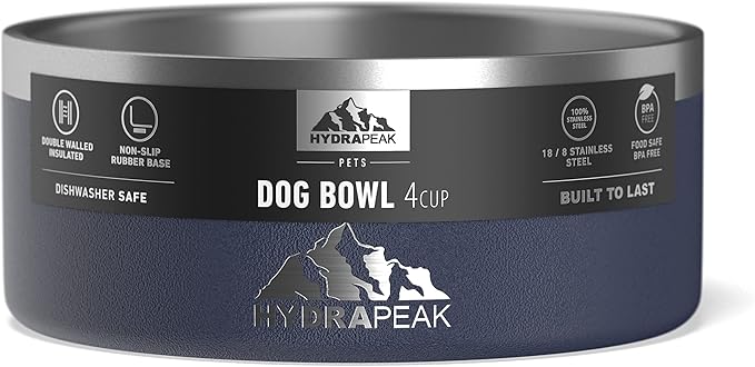 Hydrapeak Dog Bowl; Non Slip Stainless Steel; Water and Food Dish; Large Sized and Small Dogs; 32oz 64oz; Multiple Sizes; 4 Cup | Navy
