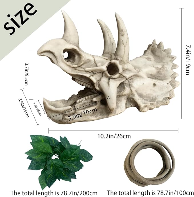 Bearded Dragon Resin Triceratops Skull Hide Decoration Reptiles Artificial Hideout Cave Landscape Tank Accessories Vines Leaves Hideaway Ornaments for Lizards Snake Gecko