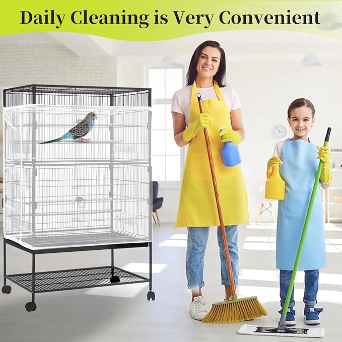 Daoeny Bird Cage Seed Catcher, Large Bird Cage Cover, Adjustable Soft Airy Nylon Mesh Net, Birdcage Cover Skirt Seed Guard for Parrot Parakeet Macaw African Round Square Cages (White)