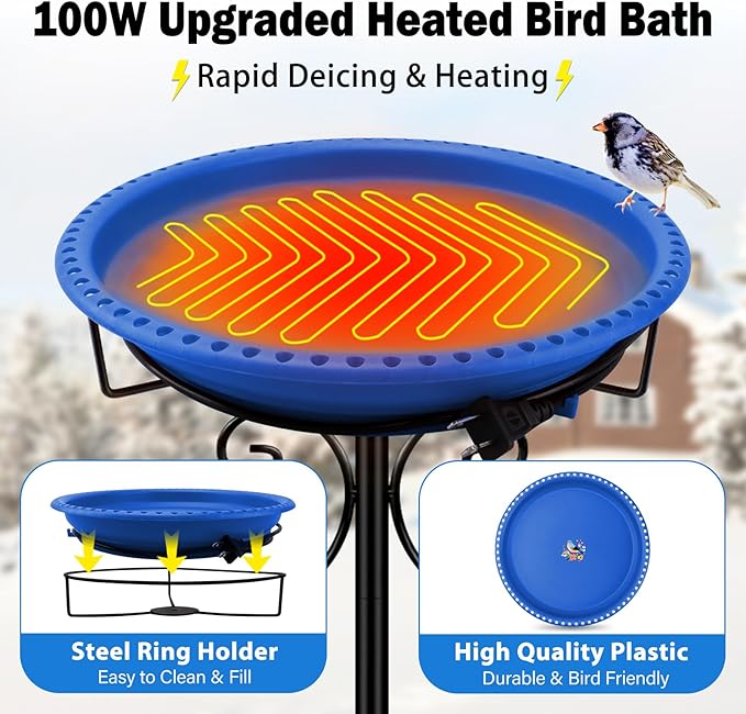 Daoeny Heated Bird Bath for Winter, Upgraded 100W Heated Bird Baths for Outdoors Thermostat Control with 5-Prong Metal Base, Heated Bird Bath for Outside Winter Garden Patio Yard Lawn (Blue)