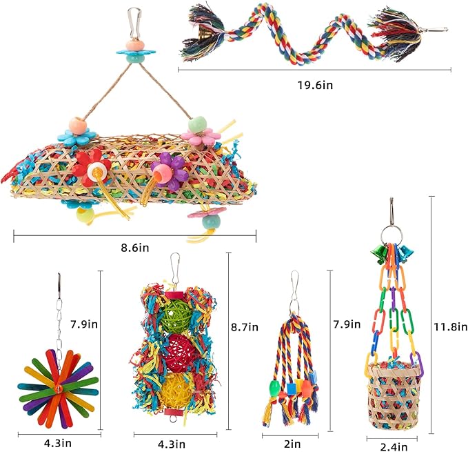 RLRICH 6 Pack Bird Colorful Chewing Toys Parrot Foraging Shredder Toys Shred Hanging Foraging Toys,Comfy Perch Parakeet Toys for Rope Bungee Bird Toy