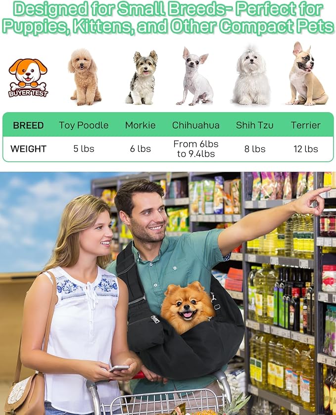 Small Dog Front Carrier Sling for 5-15lbs Dogs or Cats, Puppy Sling with Adjustable Straps and Pocket, Dog Pouch Carrier for Travel Outdoor Hands Free, Portable Large Capacity Pet Bag, Black