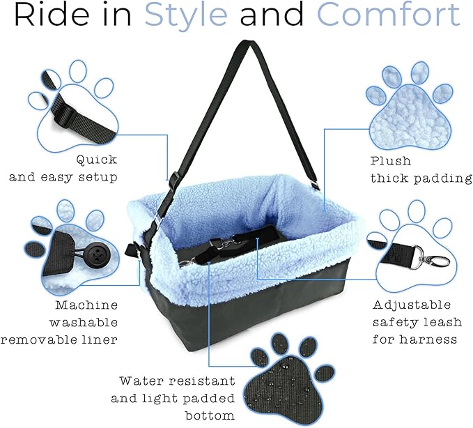 Blue Dog Booster Seat - Washable, Adjustable, Collapsible Pet Travel Carrier Bed - Safety Seat Belt Tether for Small Dogs, Puppies, and Pets up to 18 lbs