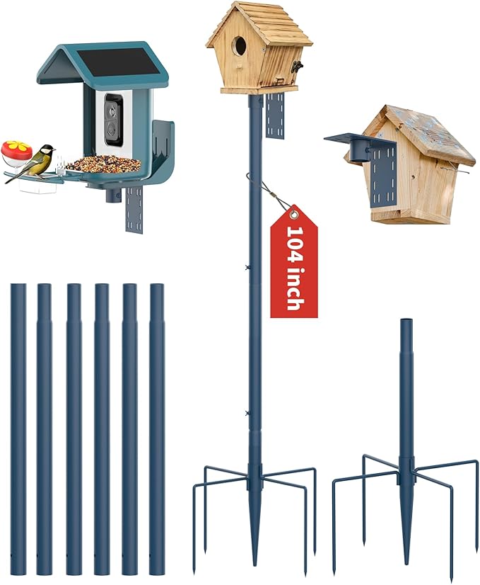 Bird Feeder Pole Stand – 104 Inch Height Feeding Station with 1-Inch Dia Heavy Duty for Hanging Feeders, Bird House Pole Mount Kit for Outdoor, Slip-Fit Connection, Blue