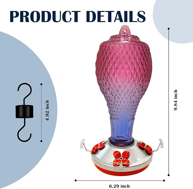 Hummingbird Feeder for Outdoors,17 OZ Glass Humming Bird Feeder for Garden,Backyard Decor,Four Flowers Feeding Ports,Leak Proof,Ant Moat Included,Humming Gifts for Women